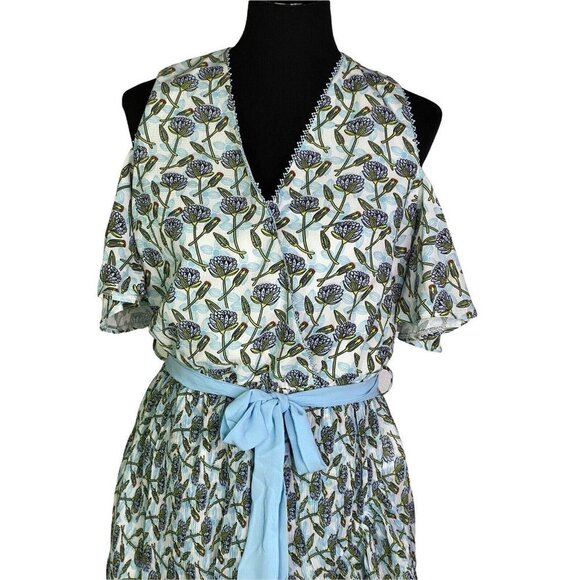 FOXIEDOX‎ LEXIE COLD SHOULDER WRAP DRESS BLUE MULTI COLOR TIE NEW SZ S - Picture 3 of 12